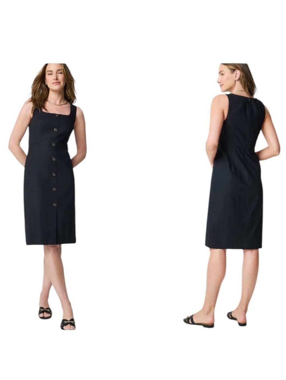NWT J. Crew Tall linen-cotton blend button-front midi dress Black Size 8 T